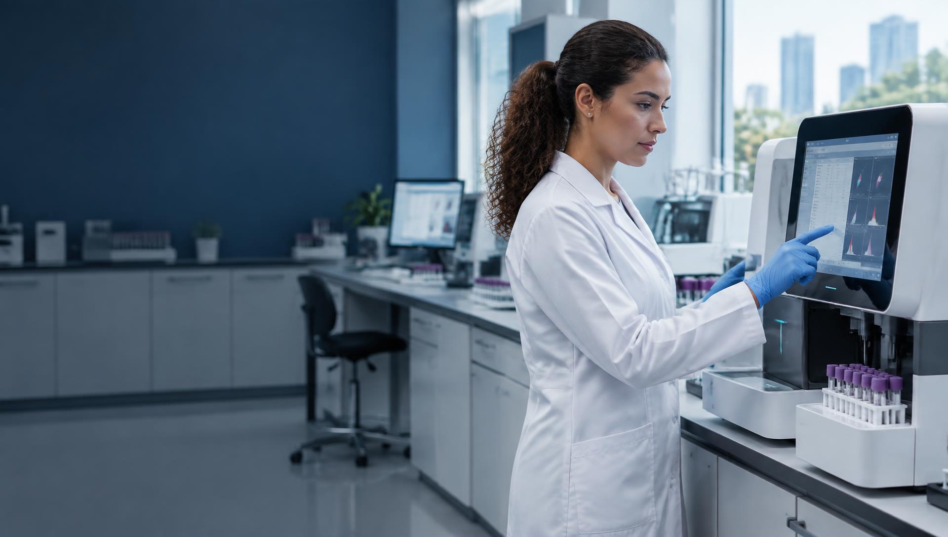 Profissional operando um analisador em laboratório clínico